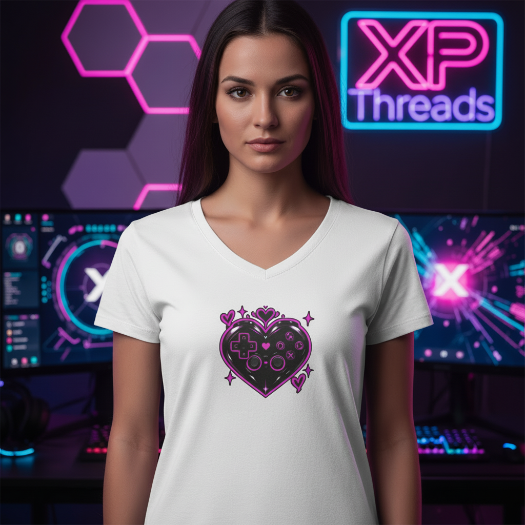 Gaming Heart V-Neck Tee — Dark Purple Glitter Heart Graphic