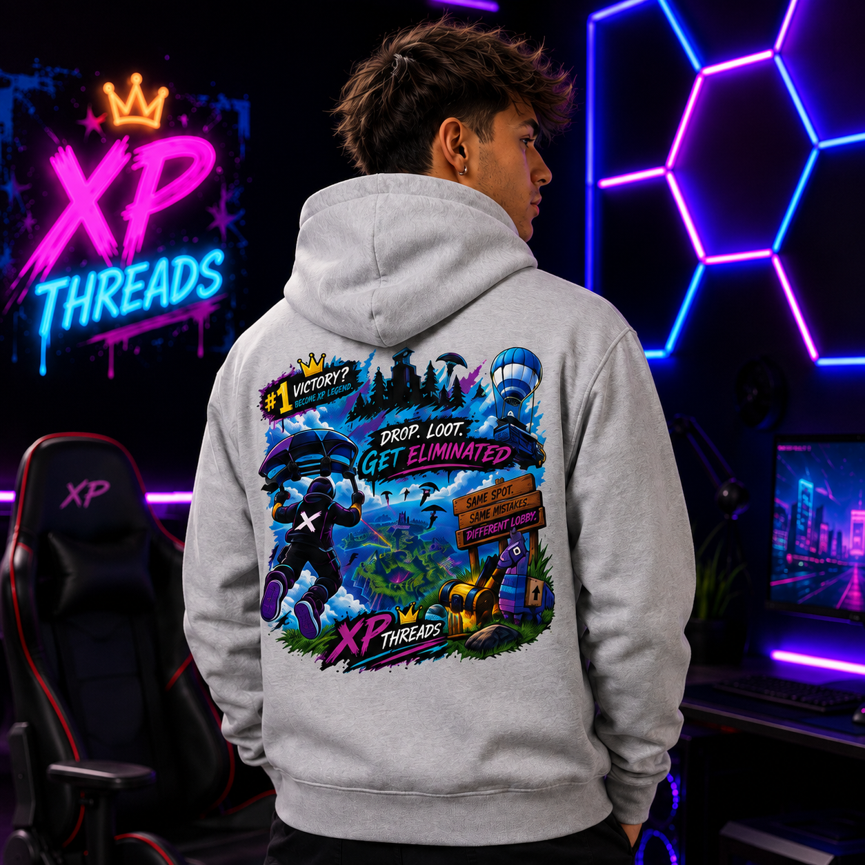 Gaming College Hoodie – 'XP Threads' Battle Royale Graphic Pullover