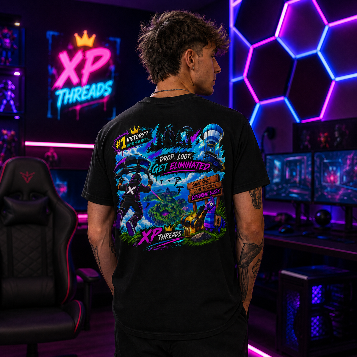 Drop Loot Get Eliminated Gamer Graphic T-Shirt | XP Threads